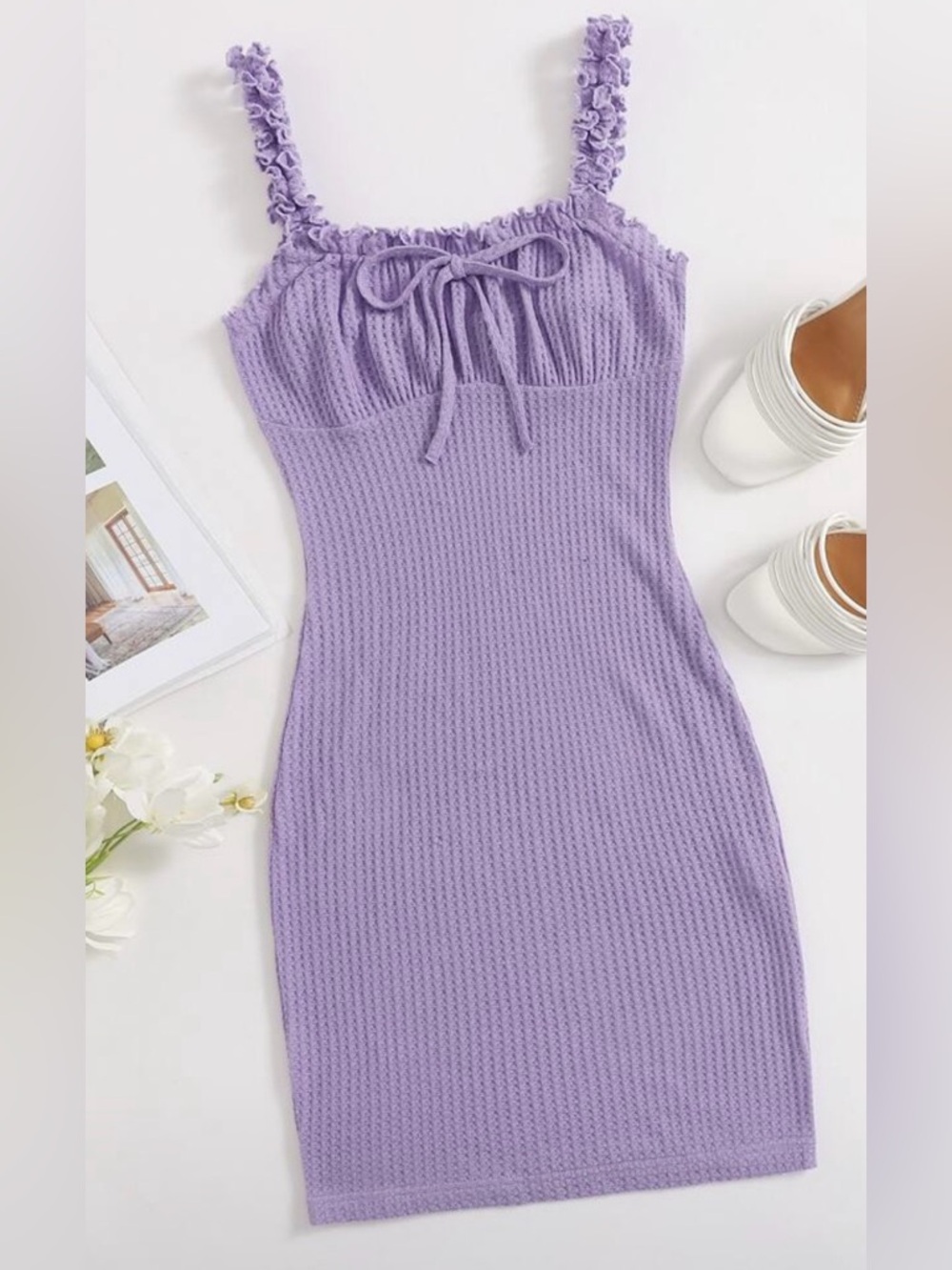 SHEIN Lavender Ruffle-strap Knit Tie-front Mini Dress